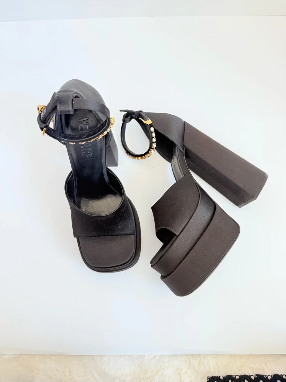 NEW Versace Medusa Crystal Open Toe Platform Sandals Black Satin Block Heels 38